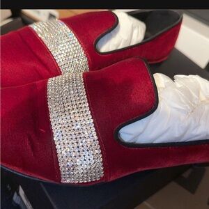 Giuseppe Zanotti Red Velvet Loafers with Rhinestones
